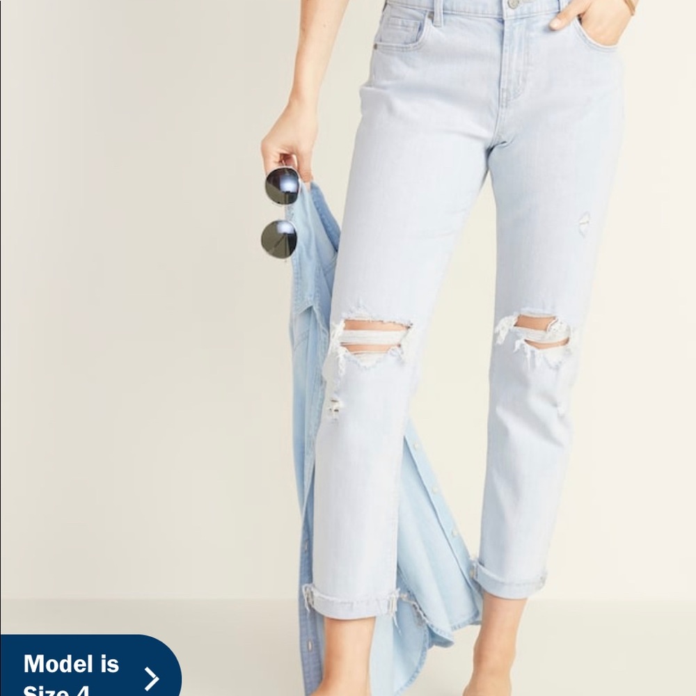 ripped boyfriend jeans, light wash, old navy